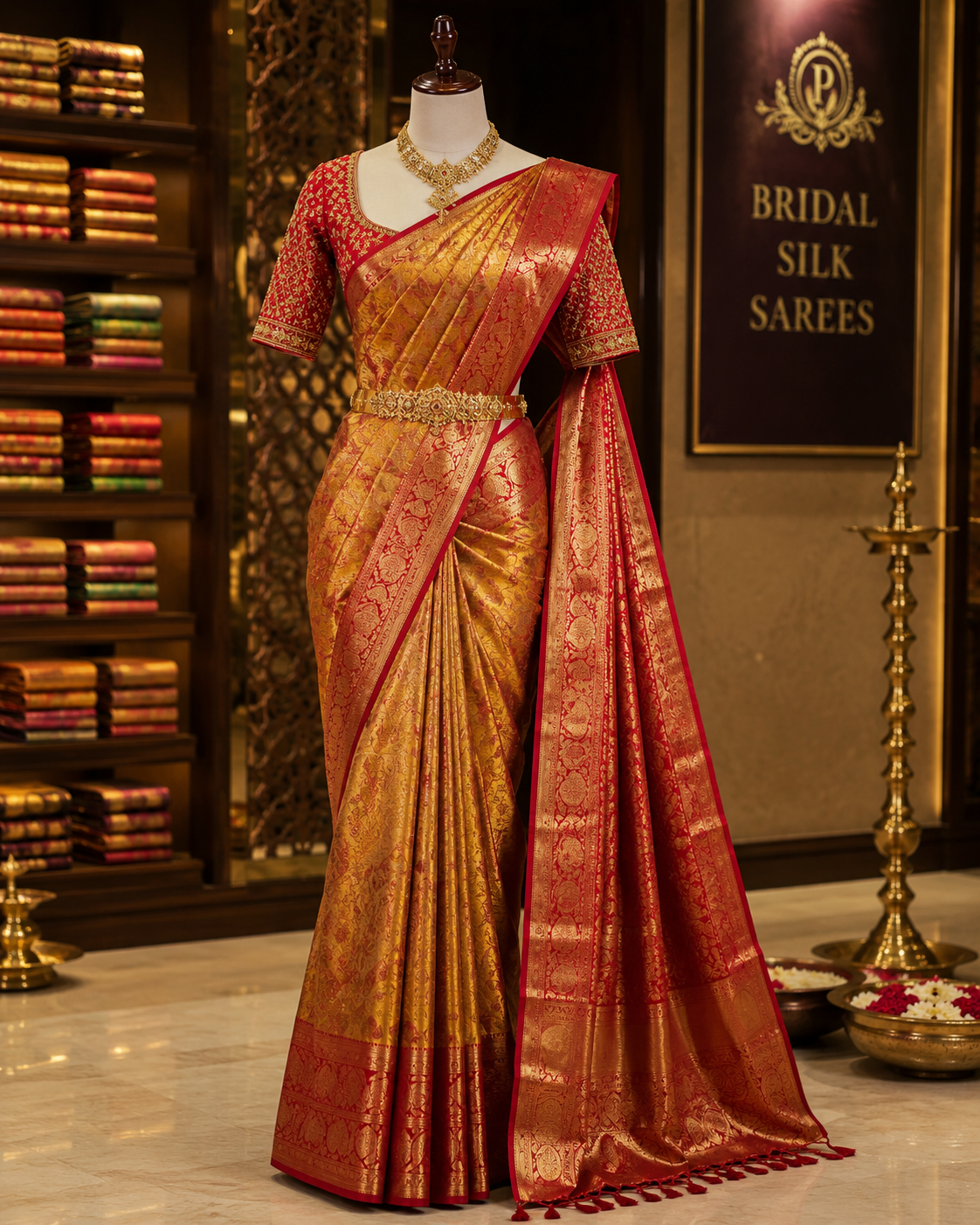 Red bridal silk saree draped on a display mannequin