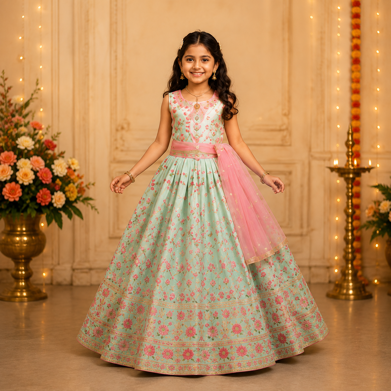 Girls lehenga draped on a child display mannequin
