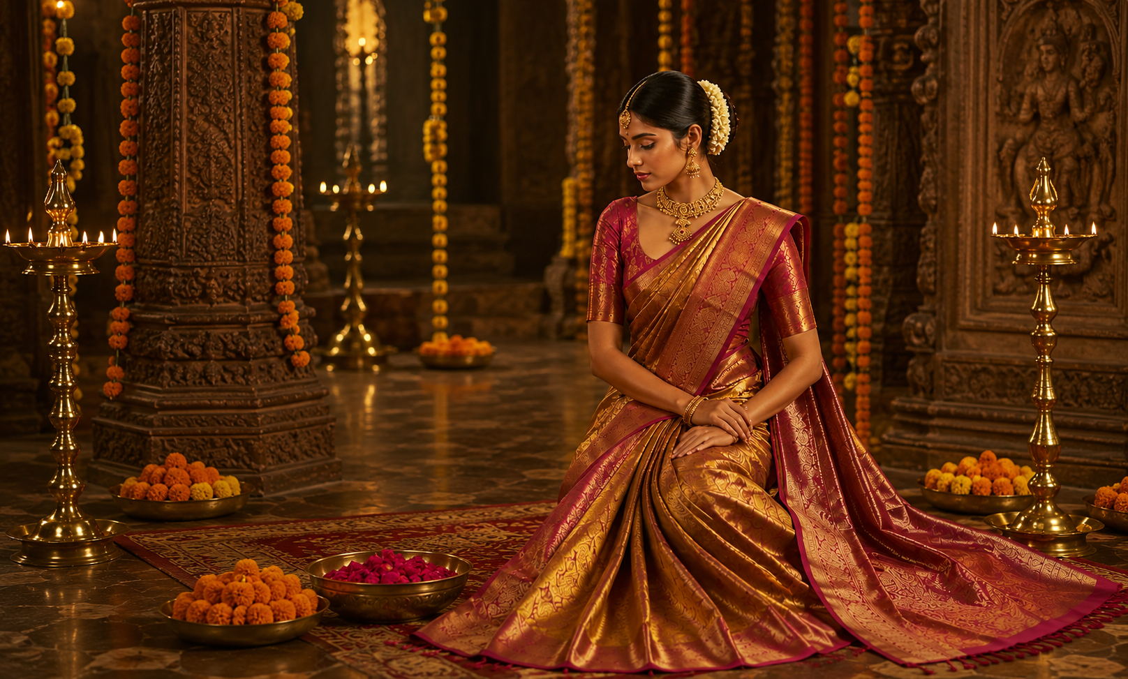Heirloom silk saree draped on a display mannequin